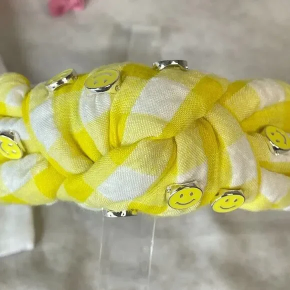 Living Fully Headband Yellow Gingham Knotted Allover Smiley Face w/ Dust Bag OS - Picture 6 of 11
